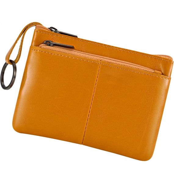 Genuine Leather Coin Purse Pouch Triple Zipper Card Holder Wallet with Key Ring