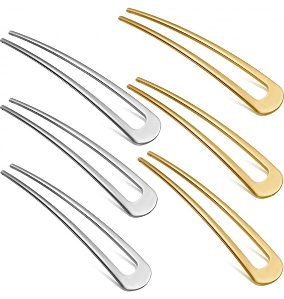 6 Pieces French Hair Pins Simple Metal U Shaped Hairpins Gold Hair Fork Sticks